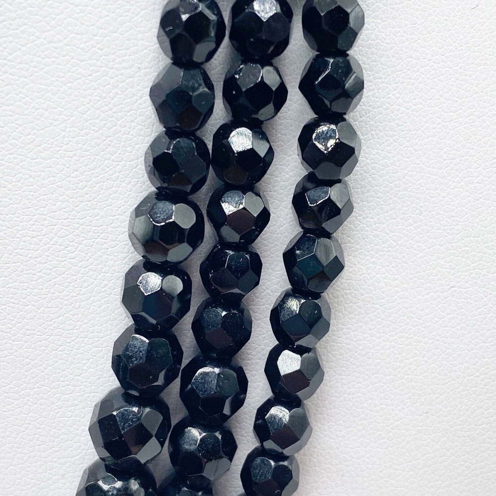 Vintage Austria Black Faceted Glass Triple Strand Necklace Pierced Earrings Set - Picture 3 of 14